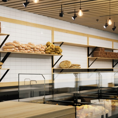 Modern Bakery Interior Featuring Sleek Black and Wood Accents and Assorted Breads