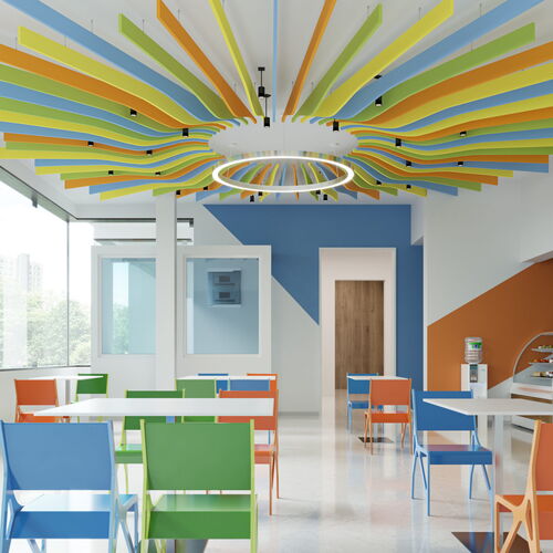 Modern Cafeteria with Colorful Ceiling Design, Vibrant Chairs, and Natural Light
