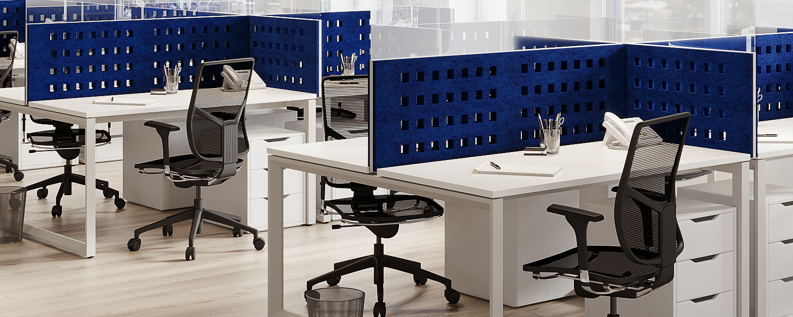 Modern Open Office Space with Blue Cubicle Dividers and White Desks