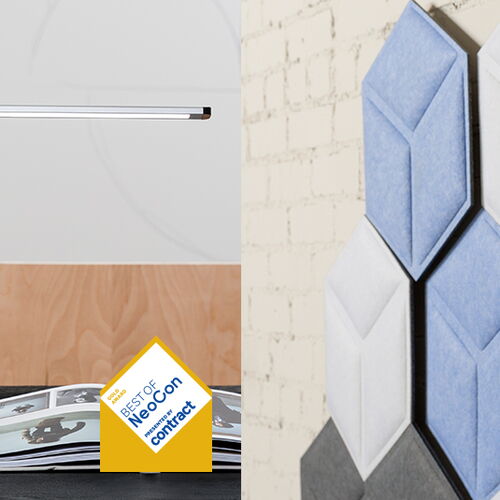 Modern Desk Lamp and Acoustic Wall Panels, each displaying design awards.