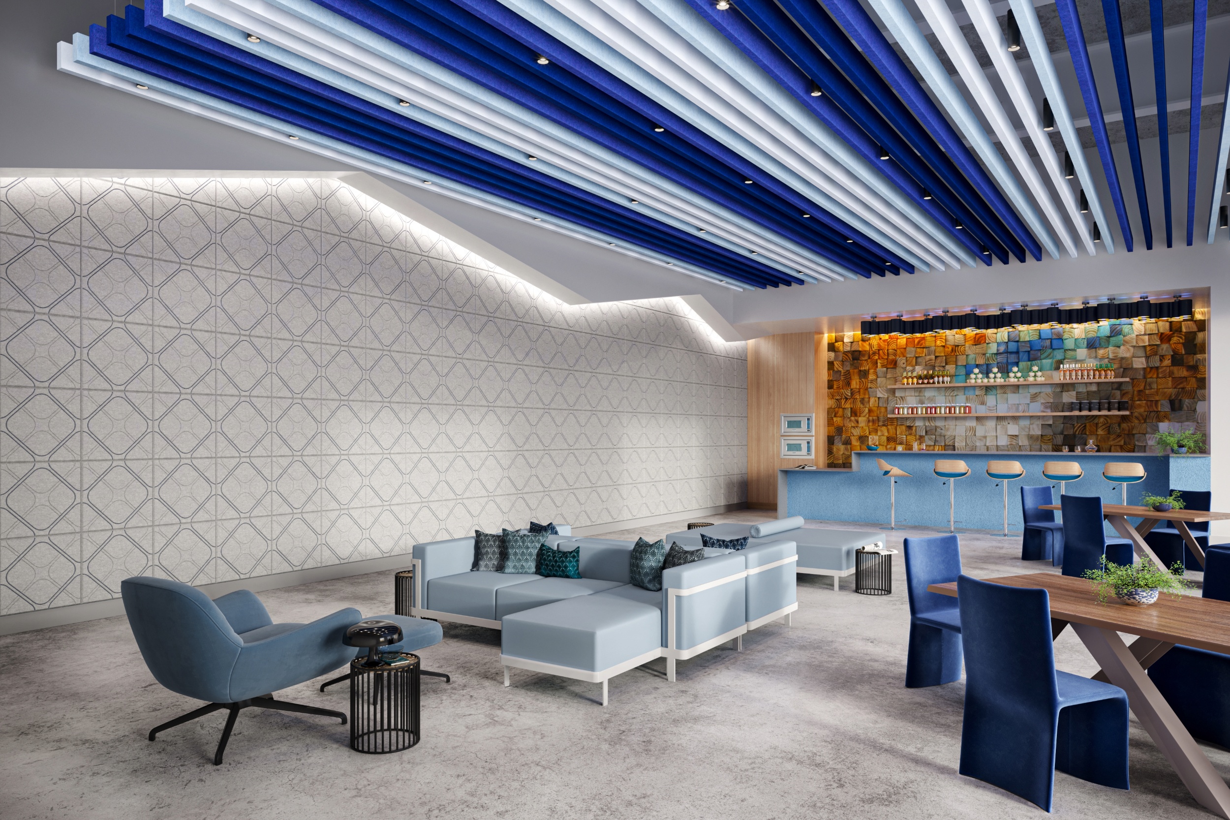 Stylish Modern Lounge with Blue Accents and Sleek Furniture