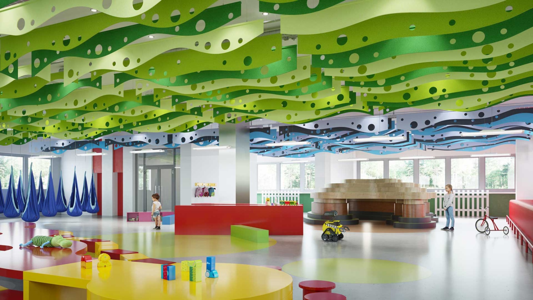 Colorful Indoor Play Area for Children With Decorative Ceilings and Bright Furniture