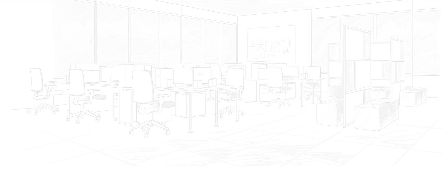 Sketch of a Modern Office Interior with Desks, Chairs, and Shelves