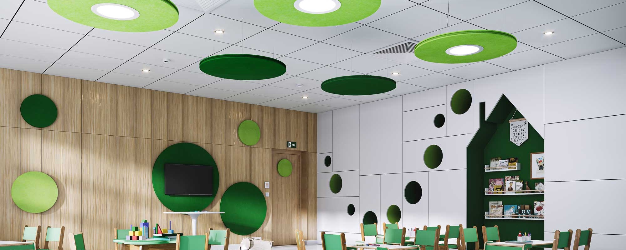 Modern Classroom with Green Circle Themes and Wooden Elements