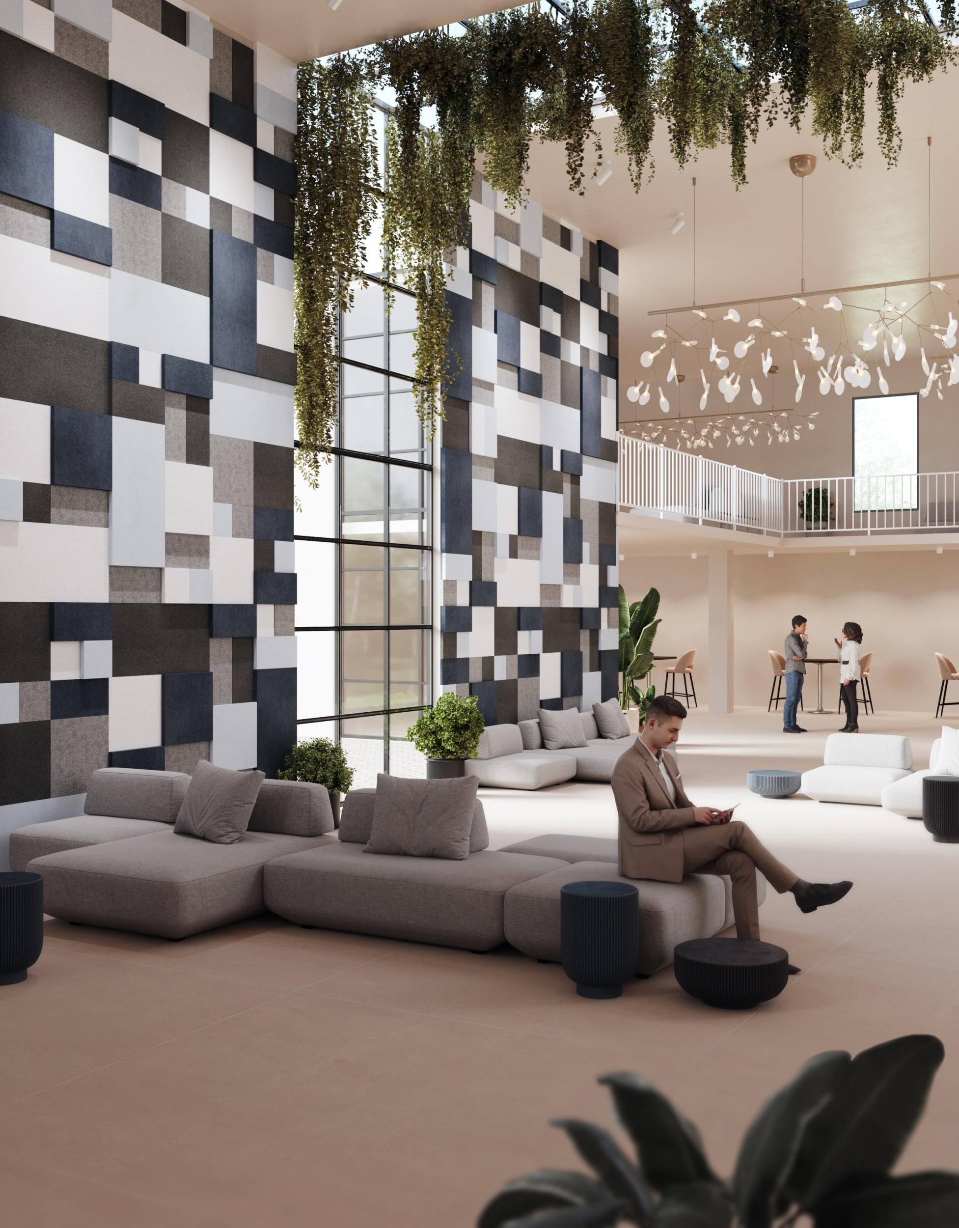 Large Open Off White Lounge Space with Blue Tiled Walls and Vines