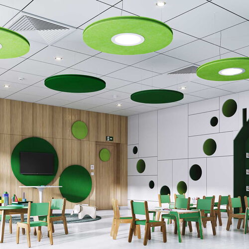 Modern Classroom with Green Circle Themes and Wooden Elements