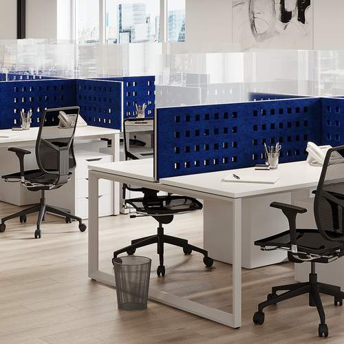 Modern Open Office Space with Blue Cubicle Dividers and White Desks
