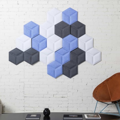 Contemporary Room with Geometric Wall Panels in Blue, White, and Gray