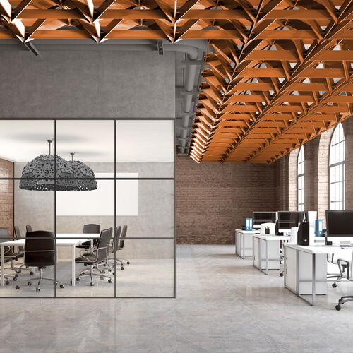 Spacious Modern Office with Natural Light and Sleek Furniture