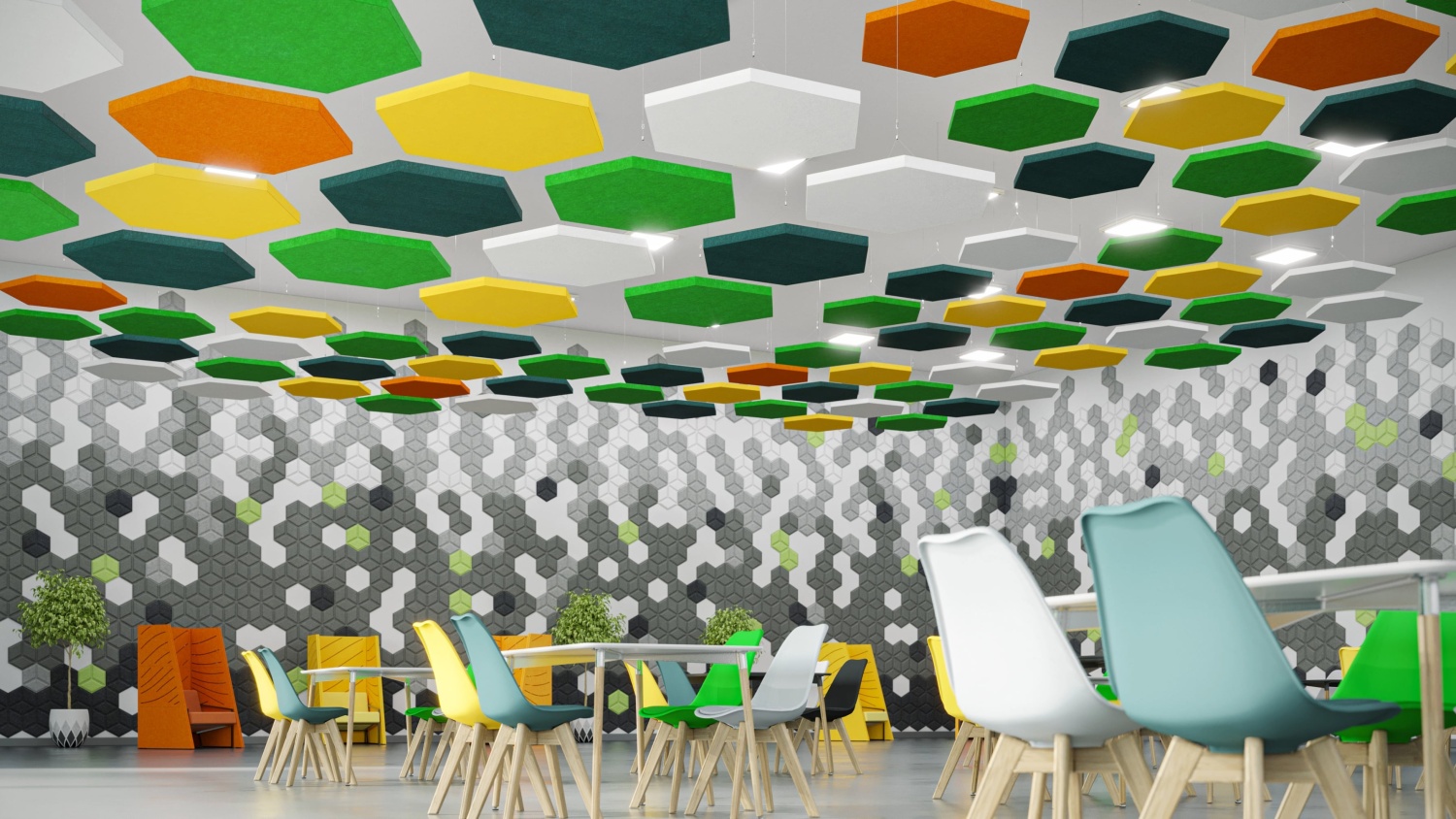 Hexagon Acoustics Office Area with Hexagon Ceiling Tiles