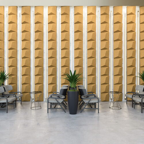 Modern Office Lobby with Geometric Wall Panels and Sleek Furniture