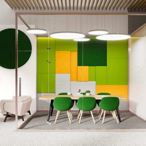 Modern Office Meeting Room with Green and Yellow Wall Panels and Stylish Furniture