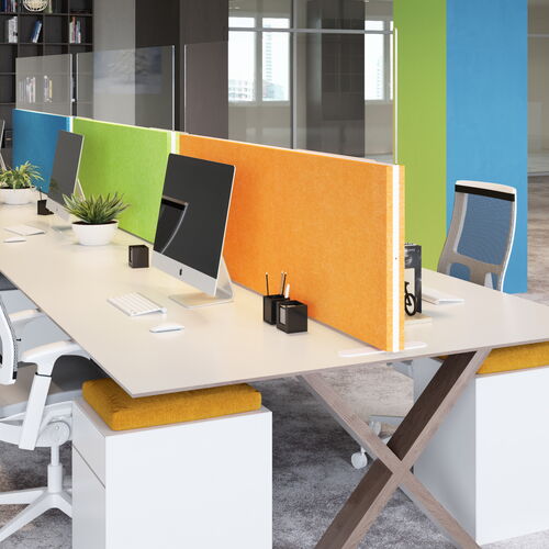 Modern Office with Brightly Colored Desk Dividers and White Chairs