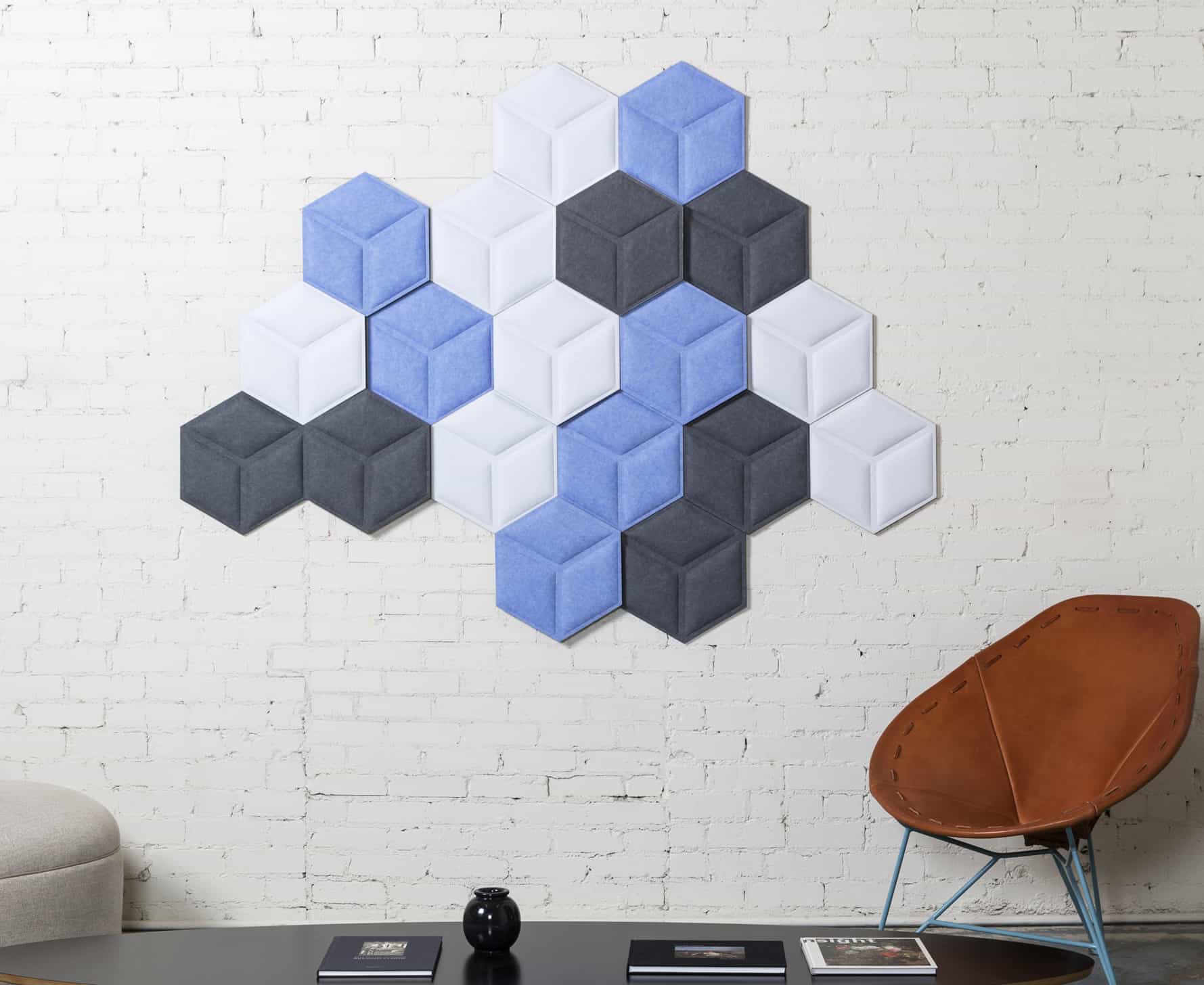 Contemporary Room with Geometric Wall Panels in Blue, White, and Gray