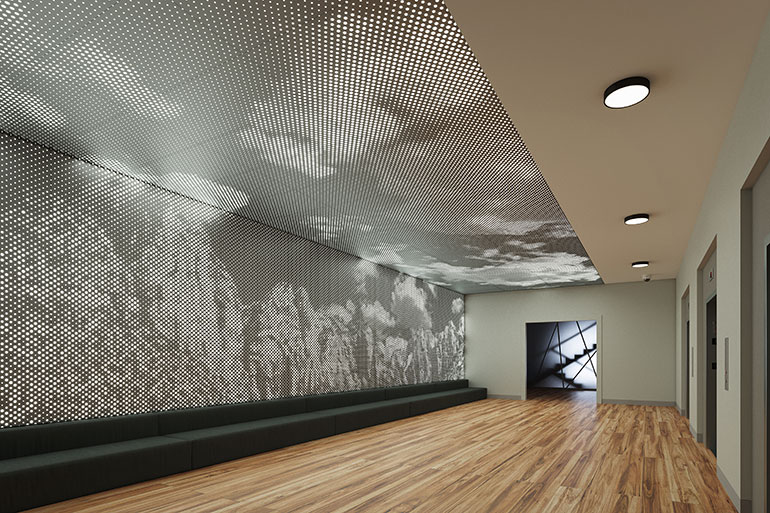 Modern hallway featuring a perforated metal ceiling and artistic wall murals, illuminated by recessed lighting.