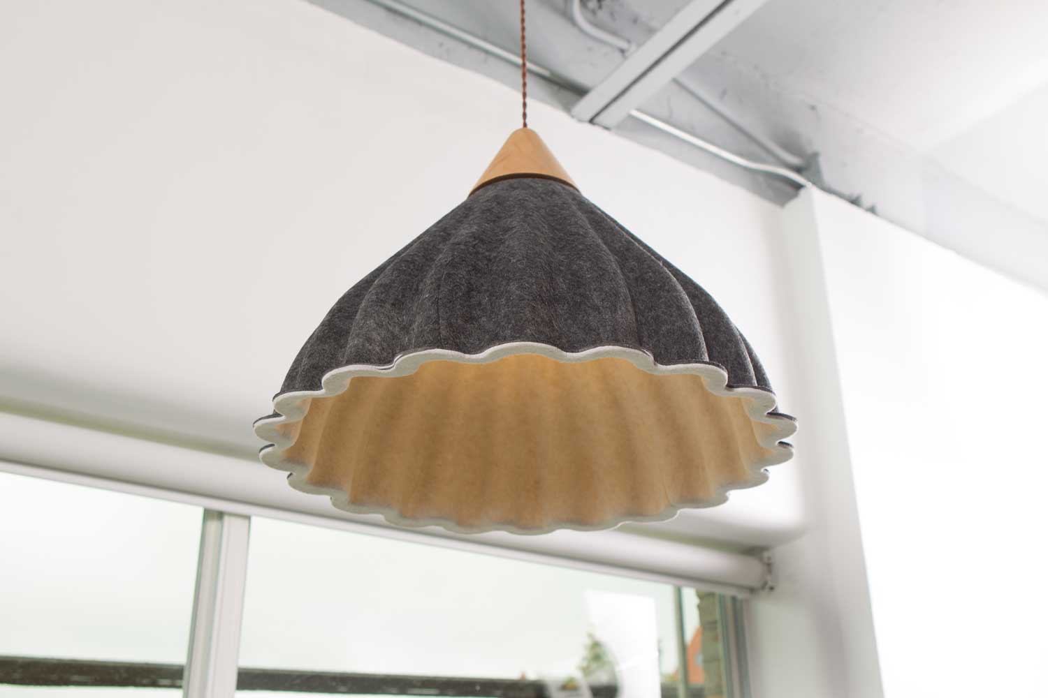 Stylish Pendant Lamp with Grey and Tan Fabric Shades Hanging from a White Ceiling