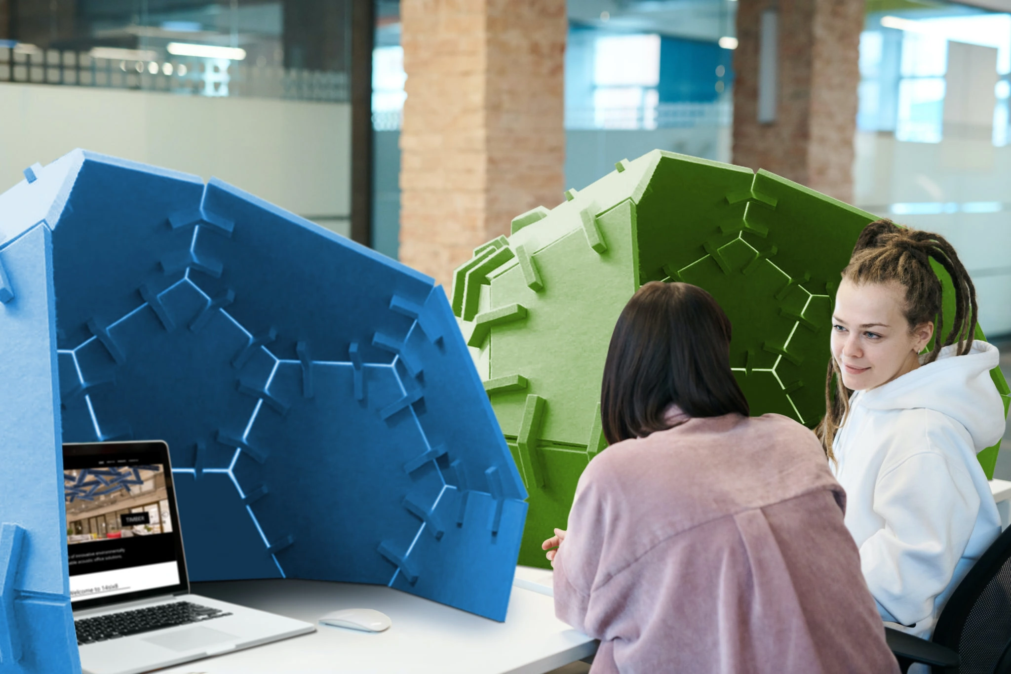 Two Students Collaborate Using Laptop in a Contemporary Office with Colorful Partitions