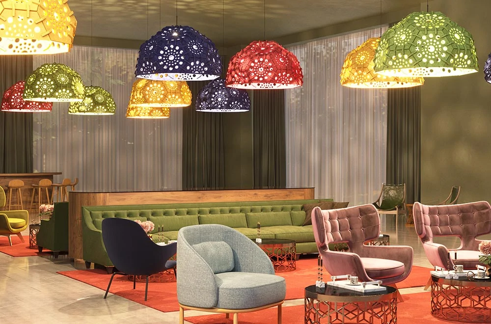 Colorful Pendant Lights Hang Above Stylish Seating in a Contemporary Lounge