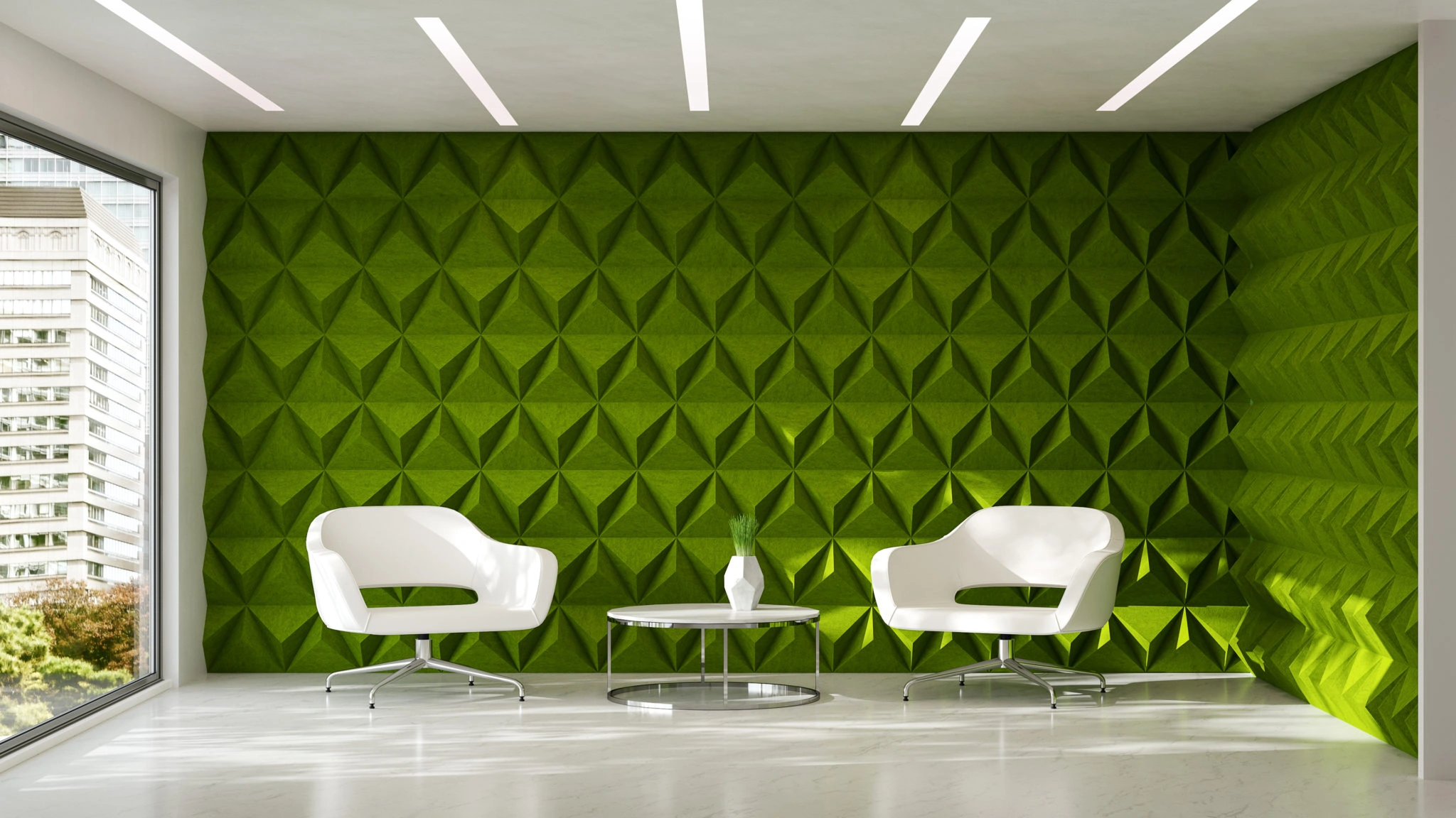 Modern Interior with Green Textured Accent Wall and Stylish White Chairs